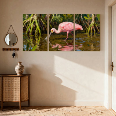 Oiseaux roses dans une mangrove, réflexion sur l'eau, ensemble de 3 impressions sur toile