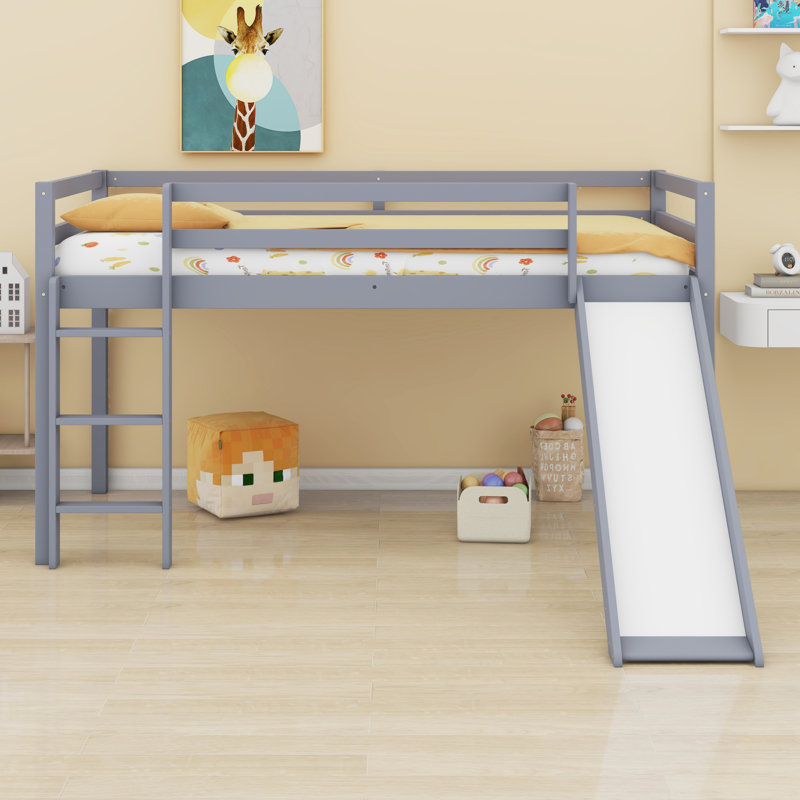 Lit mezzanine bas avec glissade, échelle, barrières de sécurité, Gris