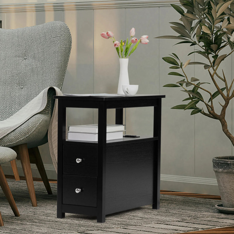Table de chevet transitionnelle en bois rustique avec charge USB (2 ports + 2 prises) - Table de bout à 2 tiroirs avec tablette ouverte, table de chevet robuste en MDF pour la chambre à coucher / salon, noir