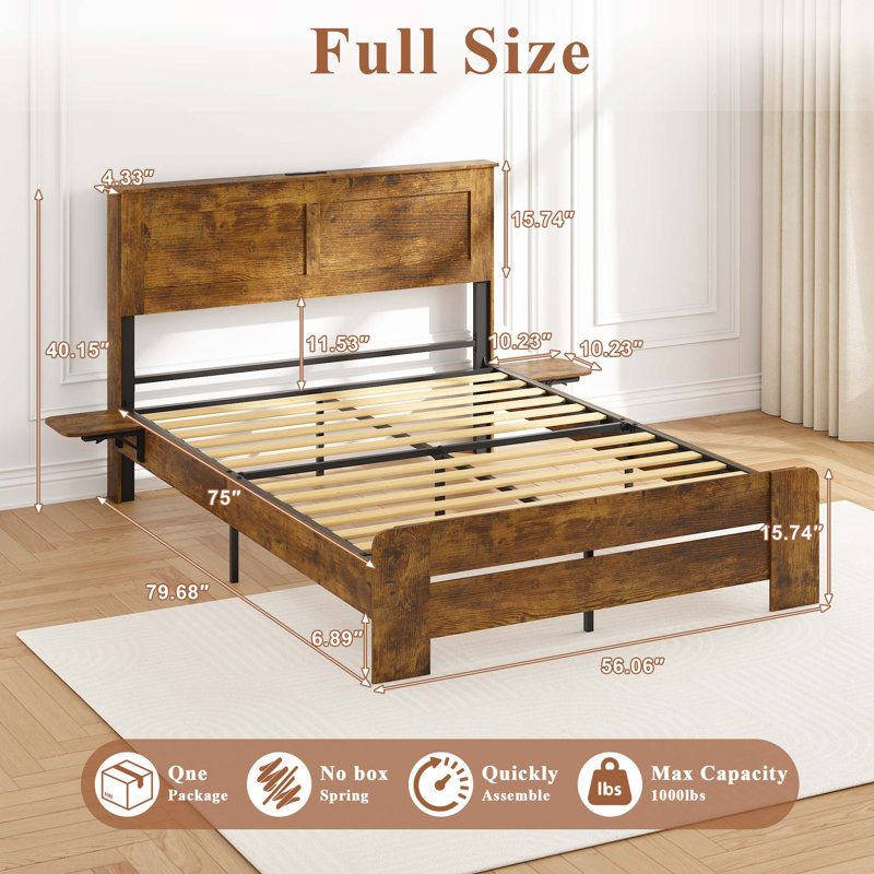 Farmhouse Full Size Bed Frame with Headboard Storage Shelf, Wood Platform Bed Frame with LED Lights & Charging Station, Rustic wood Bed, No Box Spring Needed, Noise-Free Sturdy Structure