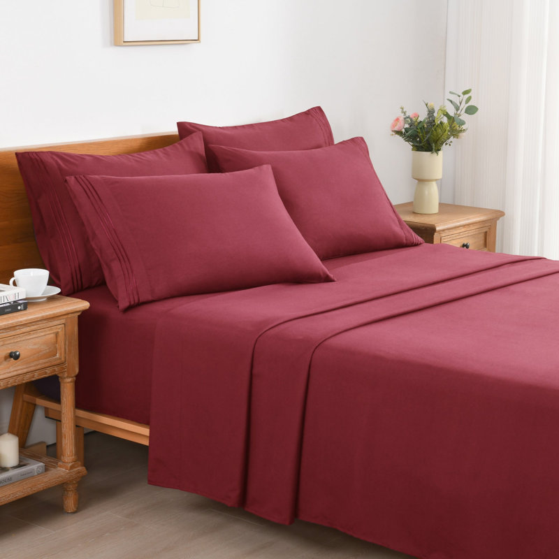 4/6 Pcs Soft Solid & Embroidery Bed Sheets Set, Burgundy, King