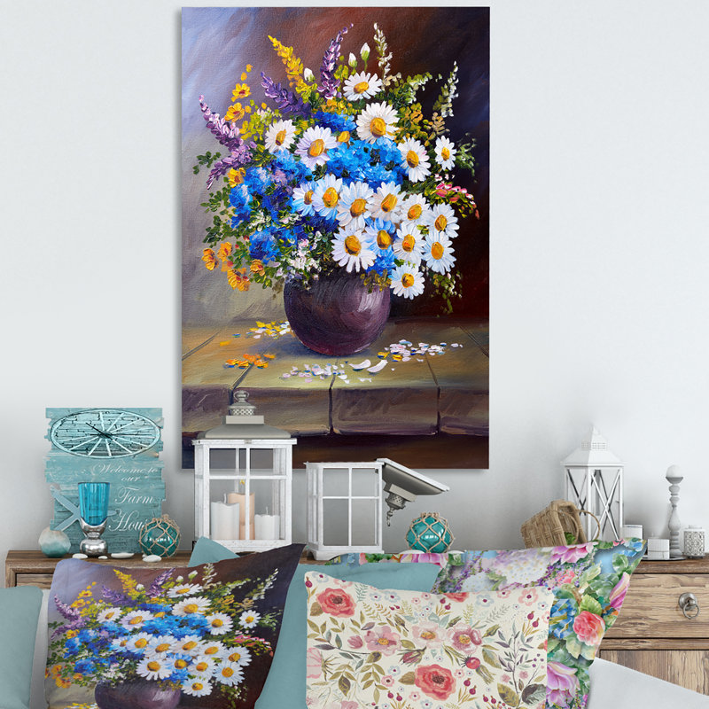 Pot de fleurs marguerites bleues et blanches - Peinture, H 12 po x l 8 po, Toile tendue