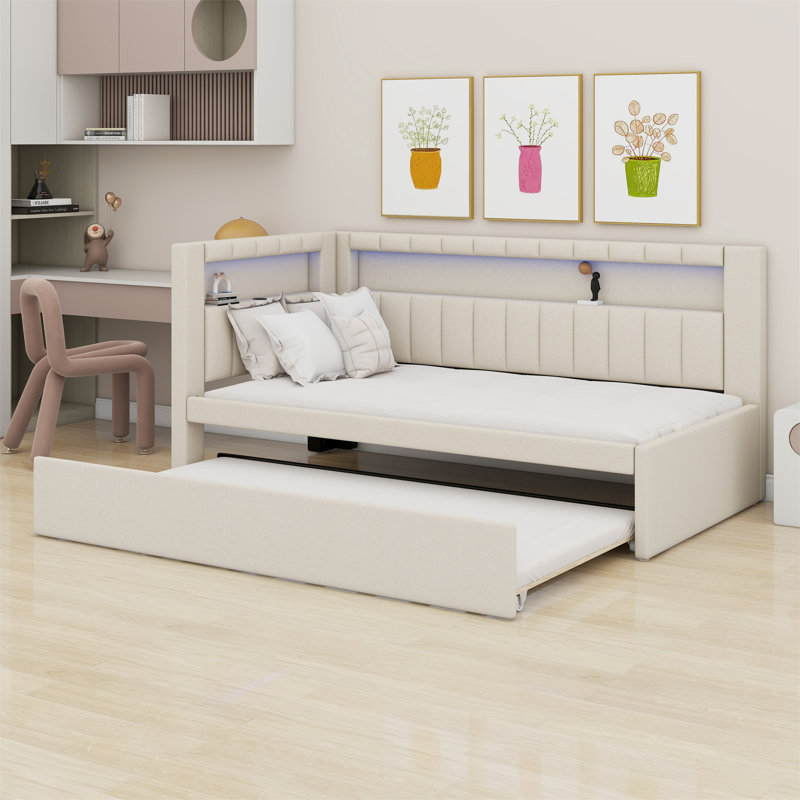 Lit plateforme tapissier avec ports USB et ceinture à DEL, avec lit gigogne, Blanc