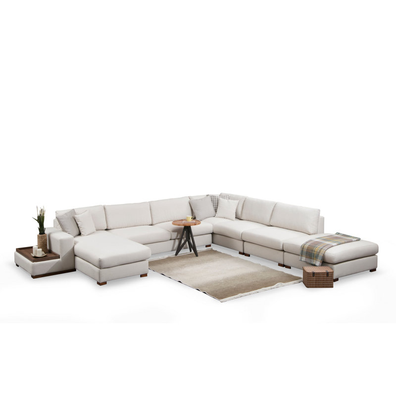 Élégant canapé d'angle avec pouf 123,6 po x 140,6 po x 33,5 po | Structure en bois de hêtre, tissu 100% polyester, pieds en noyer | Comprend 5 coussins moelleux (17,7 po x 17,7 po) | Nettoyage à sec, conception scandinave pour les salons modernes