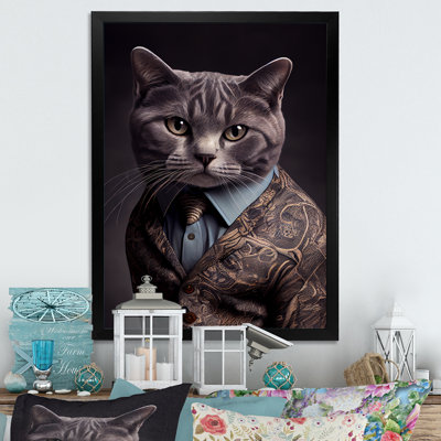 Art mural sur toile, "Stylish Cat In Fancy Blue Fashion Design II"