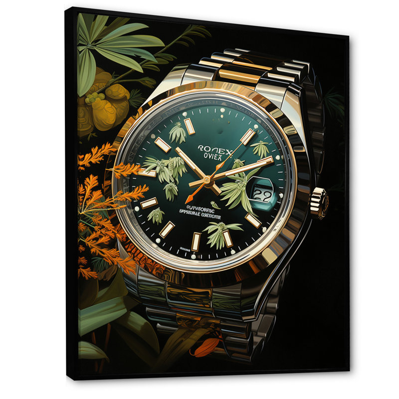 Tropical Luxuxy Watch I - impression sur toile tendance, Cadre flottant noir, H 44 po x l 34 po x P 1,5 po