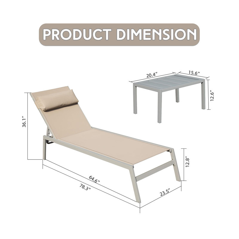 Patio Chaise Lounge Set Of 3, Aluminum Pool Lounge Chairs With Side Table, Outdoor Adjustable Recliner All Weather For Poolside, Beach, Yard, Balcony (Navy Blue)