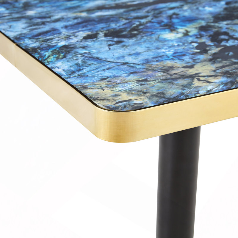 Table bistro moderne carrée, petite table basse en marbre de 23,7 po avec finition en agate bleue brillante et bordure en acier inoxydable, base piédestal en acier au carbone robuste pour les petits espaces, appartement