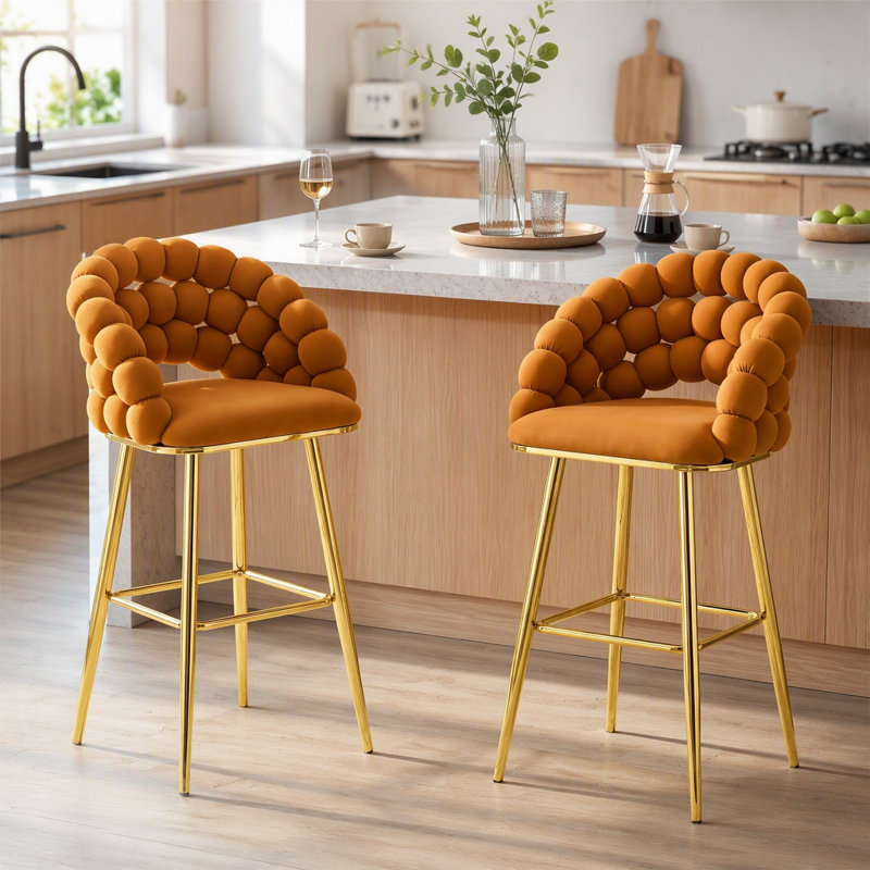 Ensemble de 2 tabourets de bar en velours avec chaînes dorées et détails capitonnés modernes, Orange