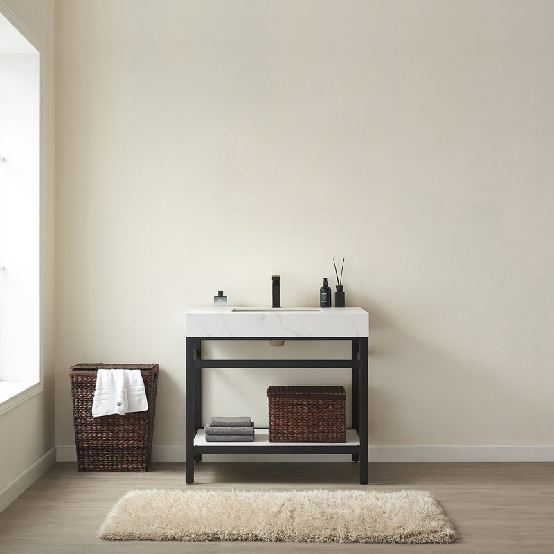 Ensemble de meuble-lavabo simple 36 po Funes, Dalle de pierre calcaire, Noir mat, Noir mat