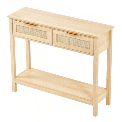 Rattan Console Table with 2 Storage Drawers, Rattan Entryway Table with Natural Rattan Sliding Door, Console Sofa Table for Living Room, Study, Entryway Or TV Wall