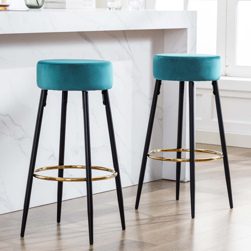 Modern Velvet Bar Stool with Gold Footrest and Black Metal Legs, Counter Height Kitchen Stool, Atrovirens