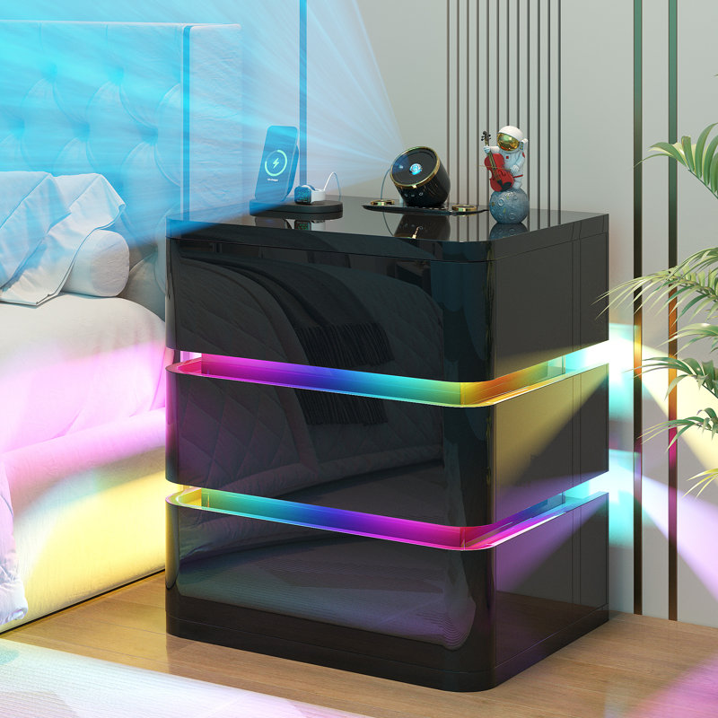 Fully Assembled 3-Drawer Nightstand with Charging Station and Motion Sensor RGB Light, Curved Profil, Black