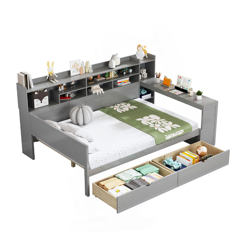 Wooden Full Size Daybed With Storage Shelves, Multi-Functional Bed With Two Storage Drawers And  Study Desk, Gray