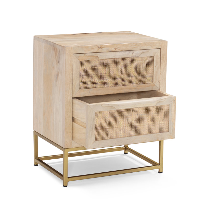Table de chevet 2 tiroirs en bois massif avec façades en canne , Naturel
