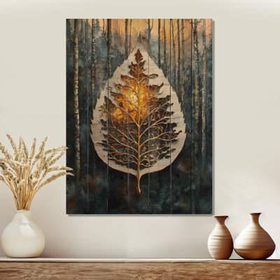Modern Sunrise Leave Harmony Of Autumn - Leaves Wood Wall Art - On Natural Pine Wood