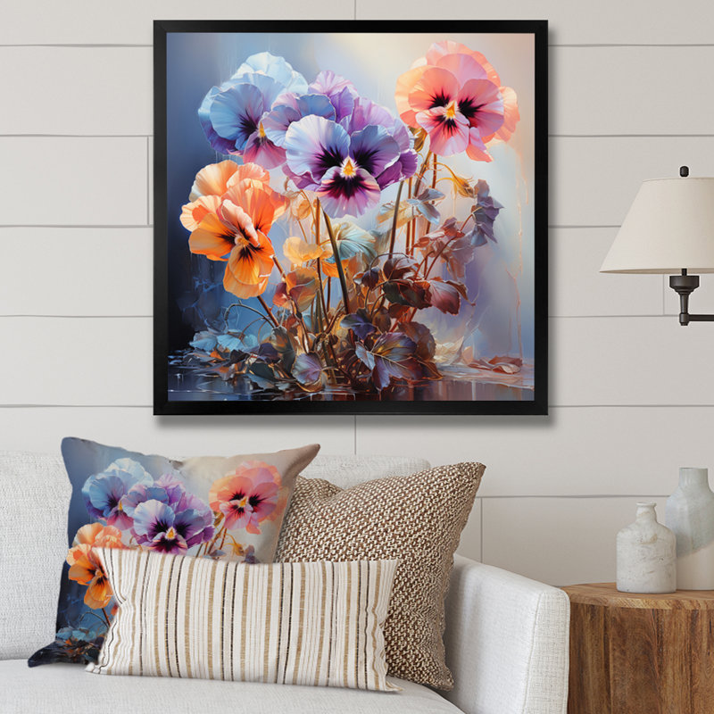 Pensées mauves, impression romantique - art mural floral, salon, Cadre simple noir, H 30 po x l 30 po x P 1 po