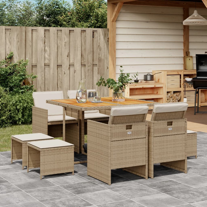 Latitude Run® 9 Piece Patio Dining Set With Cushions Poly Rattan, Beige/Beige