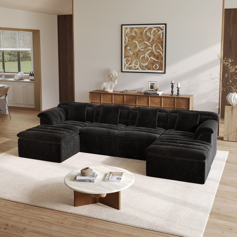142" Modular Cloud Sofa with Deep Seat, U-Shaped Corduroy Couch, No Assembly Required, Black Corduroy