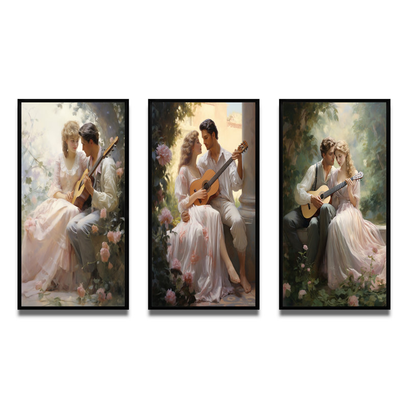 «Romantic Couple Landscape Serene», 3 pièces sur toile, Cadre flottant noir, H 28 po x l 36 po