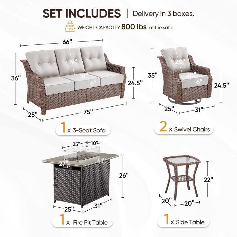 Lisandro 5-Piece All-Weather Outdoor Wicker Rectangle Fire Pit Conversation Set With Swivel Gliders And Side Table For Patio＆Garden