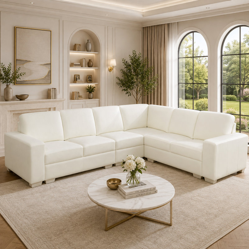 Ensemble de salon modulaire en cuir de vache véritable, H 36 po x l 134 po x P 39 po, Cuir véritable blanc cassé, Bois beige