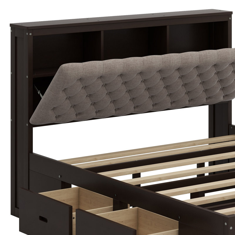 Lit plateforme en bois avec tête de lit, étagère à chaussures et tiroirs, Espresso