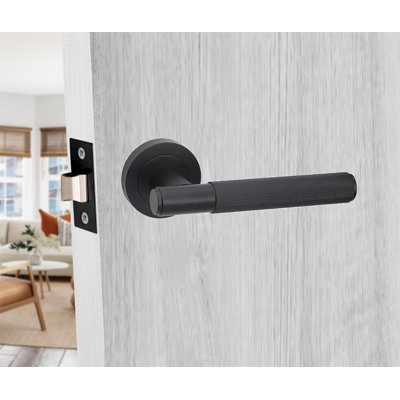  1 Set Linear T-Bar Euro Lock Door Handle Set in Matt Black Finish with Thumbturn Key and Ball Bearing Hinges