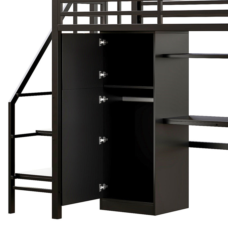 Lit mezzanine simple en métal noir avec bureau, tablette, garde-robe et escalier de rangement - et durable, Noir