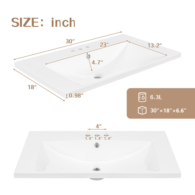 Plan de toilette rectangulaire en céramique blanche de 76 cm (30 po) de profondeur, 3 trous, assemblage facile.