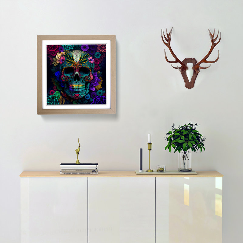 Sugar Skull Colour Field Painting No.1 - Single Picture Frame Print on Wood, Oak