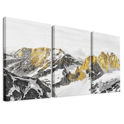 Ensemble de 3 toiles murales représentant une montagne en noir et blanc avec des touches d'or métallisé