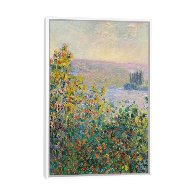 Parterres de fleurs à Vetheuil par Claude Monet - reproduction d'art, H 40 po x l 26 po x P 1,5 po, Toile blanche encadrée