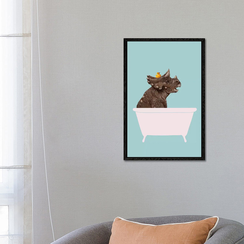 Triceratop In Bathtub by Big Nose Work - Print on Canvas, 66.04 cm H x 45.72 cm W, Black Framed Canvas