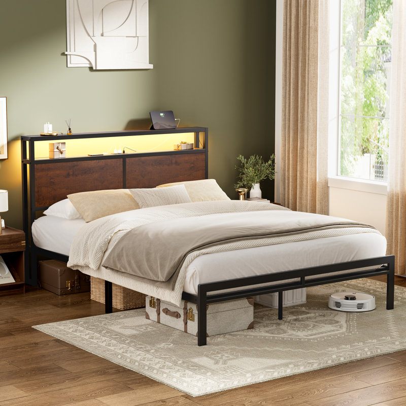 Antioch Bed Frame with LED Light and Charging Station, Metal Frame with Storage Headboard, Large Storage Space, No Spring Box Needed