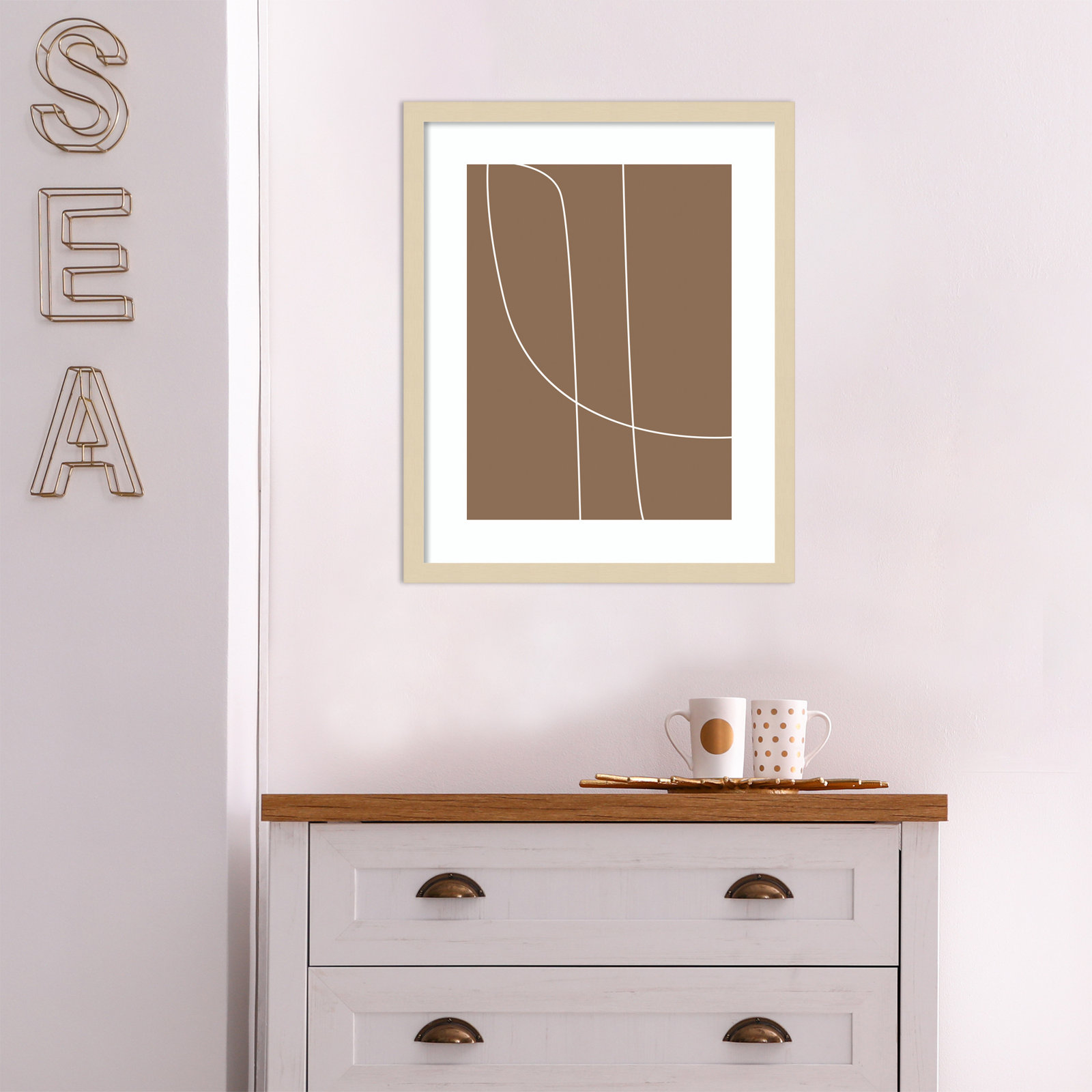 Modern Line Abstract 1 Print, 21" H x 17" W x 0.8" D, Brown Framed