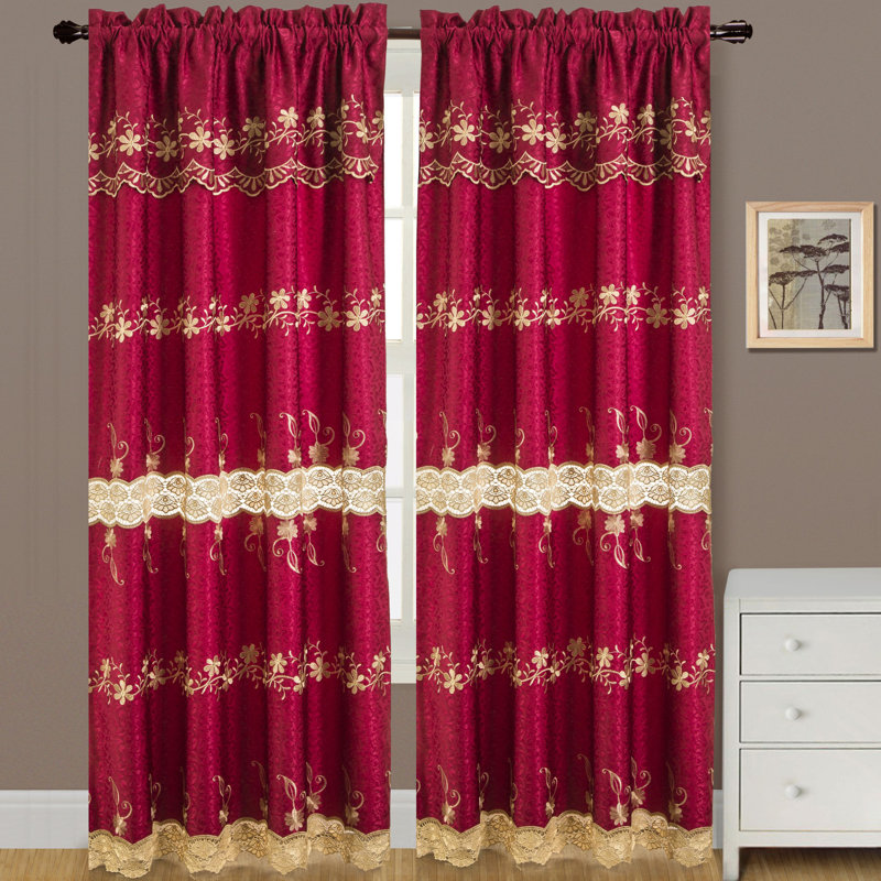 Brennan Macrame Floral Semi-Sheer Rod Pocket Single Window Curtain Panel , Burgundy