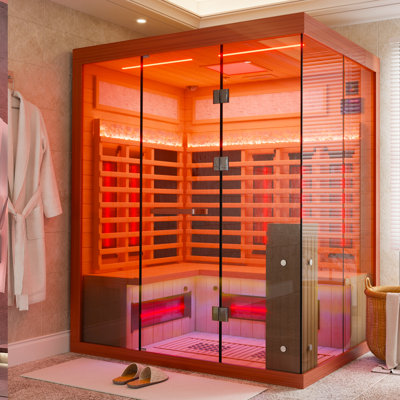 Sauna infrarouge à spectre complet Meissalivve, sauna à domicile pour 3 à 4 personnes, sauna intérieur luxueux en cèdre rouge avec haut-parleur à résonances, porte panoramique en verre trempé