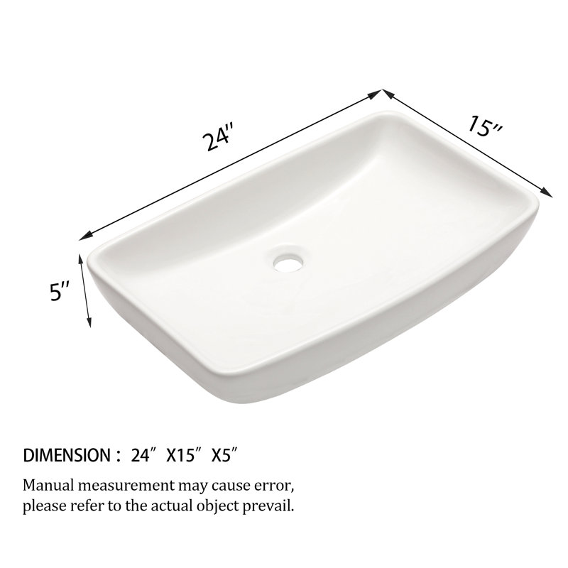24"X15" White Ceramic Rectangular Vessel Bathroom Sink