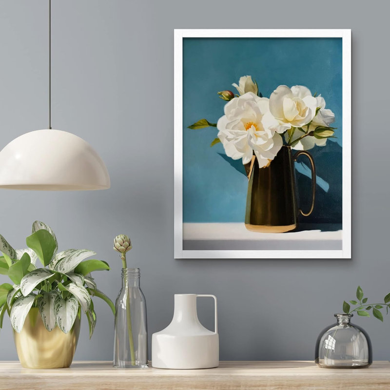 «White Flowers In Vase Wall Art Floral Botanical Prints Decor For Living Room, encadré sur papier», Blanc