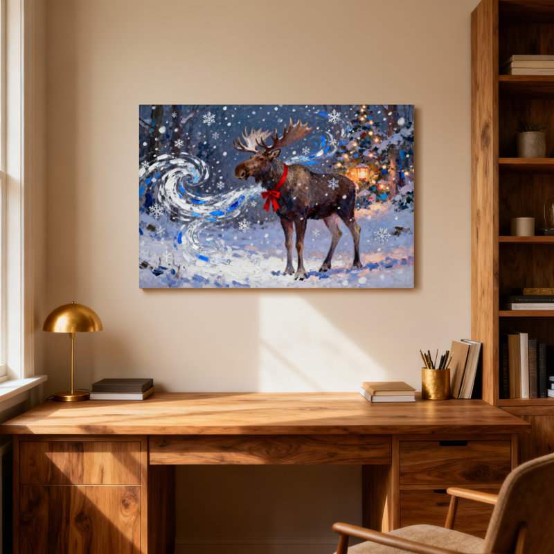 Orignal de Noël dans la forêt enneigée avec lumières de Noël, H 20 po x l 30 po