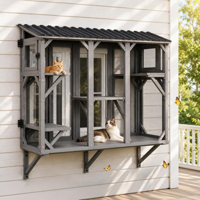 70" Window Catio Cat Enclosure, Outdoor Wood Cat House, Grey | 3 sided window access with fine mesh screen and removable tunnel ready door for active indoor cats