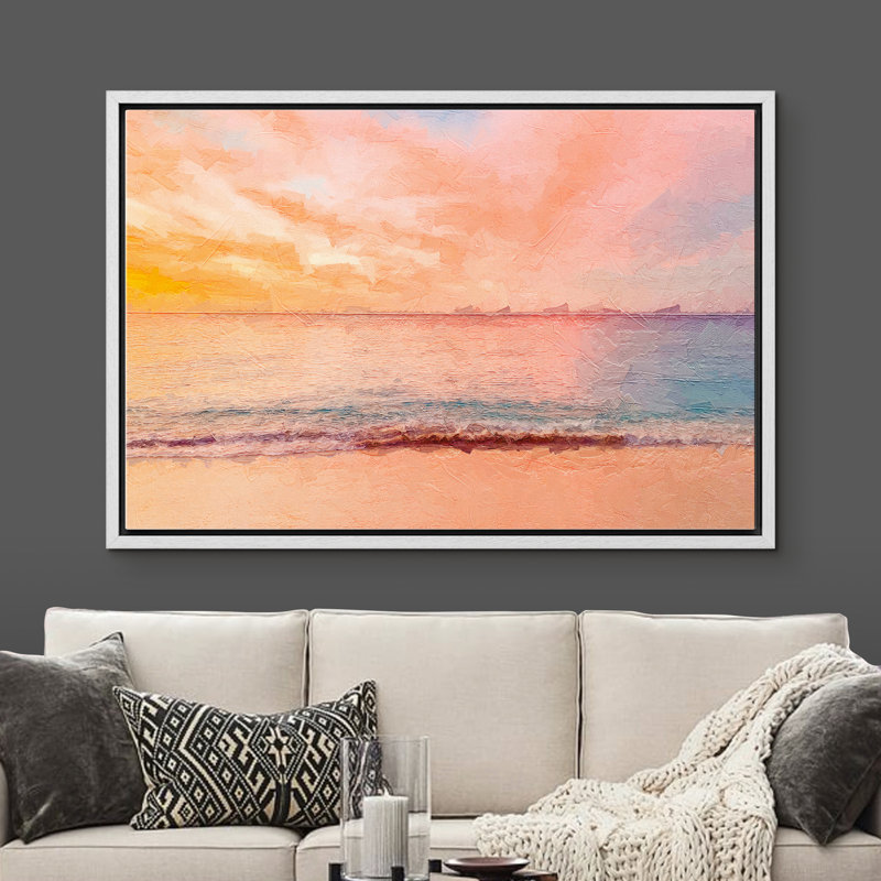 Nuage coloré illuminant la mer, reflétant l'eau au coucher du soleil - peinture sur toile à cadre flottant, Cadre blanc