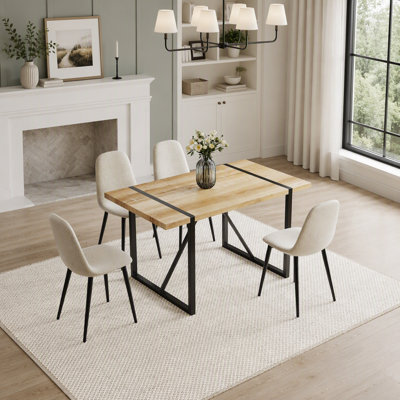Ensemble de table de salle à manger en bois aggloméré de 55 pouces et ensemble de chaises en lin moderne, design Mid-Century avec base en métal, idéal pour les cuisines et les salles à manger contemporaines