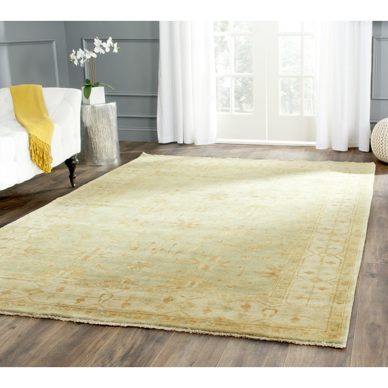 Hand-Knotted Ivory and Soft Green Wool 10' x 14' Rug