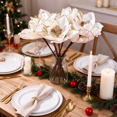 Bouquet de 10 fleurs de magnolia blanches de Noël artificielles, tiges de magnolia de 29 cm à bord scintillant doré, choix de fleurs décoratives pour arbre de Noël, arrangement de vases, couronne et décoration de table des fêtes