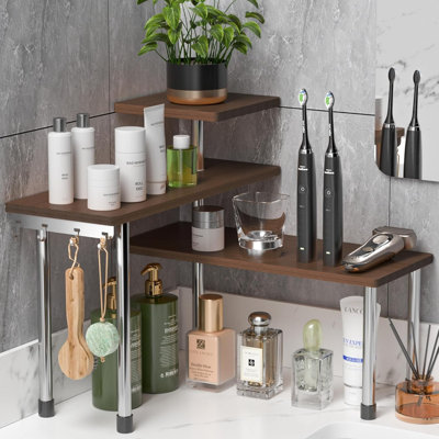 Kitchen Countertop Organizer Corner Shelf - 3 Tier Bathroom Storage Display Counter Shelves Bamboo Spice Rack Desk Bookshelf With Hooks