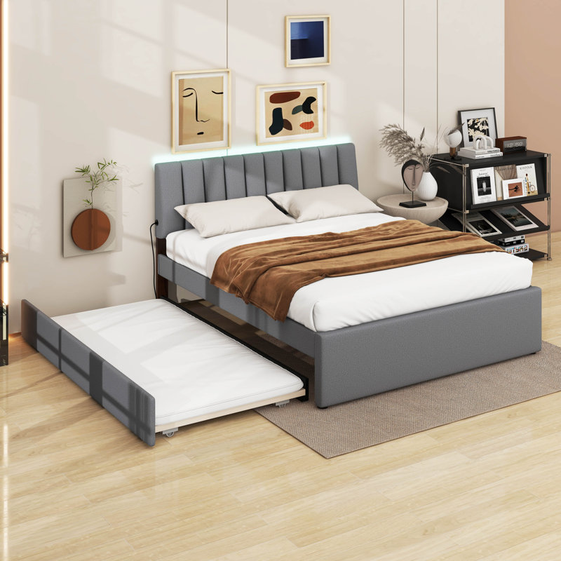 Gosdantin Teddy Fleece Upholstered Platform Bed with Trundle, Gray, Queen
