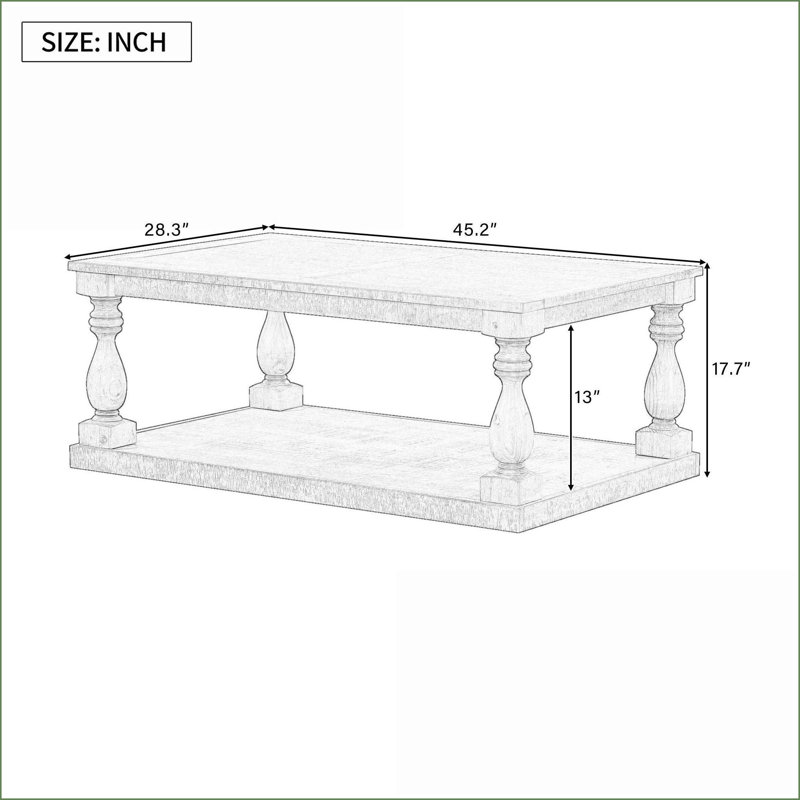 Vintage Pine Veneer Coffee Table with Artistic Vase Column Legs, Easy Assembly, Sturdy for Living Room, Gray