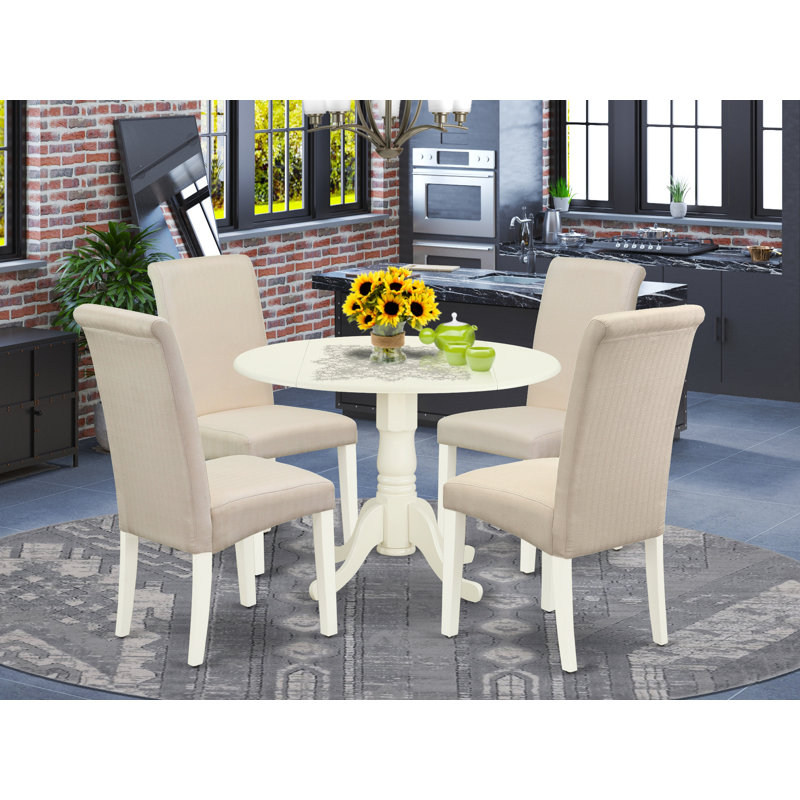 L'ensemble de table de salle à manger 5 pièces pour 4 personnes comprend une table de cuisine ronde avec Dropleaf et 4 chaises de salle à manger Parson en tissu crème, 42 x 42 pouces, lin blanc